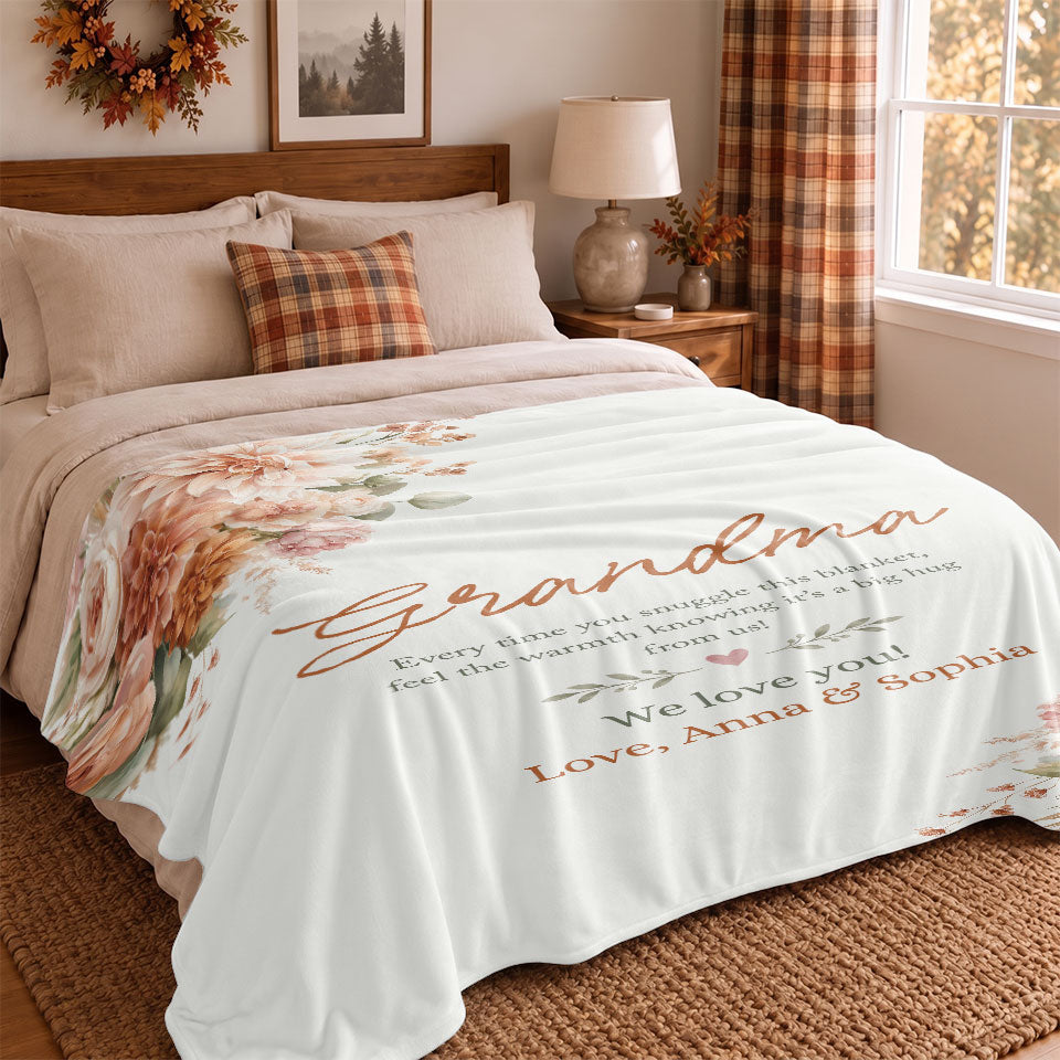 Personalized Grandma Thanksgiving Fleece or Sherpa Blanket, Floral Garden Family Custom Gift for Grandma