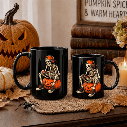 Skeleton Holding Red Balloon Halloween Mug, Funny Spooky Coffee Mug, Halloween Gift
