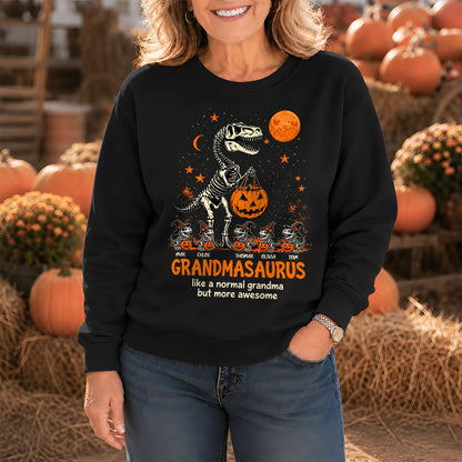 Personalized Grandmasaurus Halloween T-Shirt, Custom Grandkids Names Dinosaur Family Shirt, Spooky Pumpkin Grandma Tee