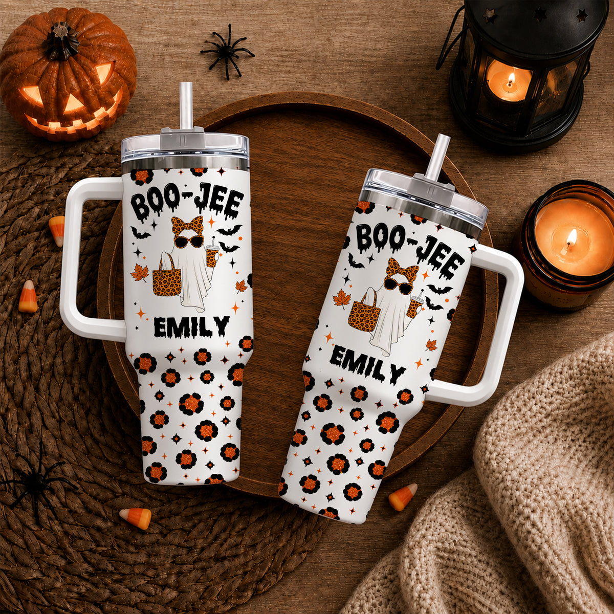 Personalized Halloween Tumbler with Handle - Custom Name Boo Jee Ghost Tumbler - Trendy Spooky Season Gift