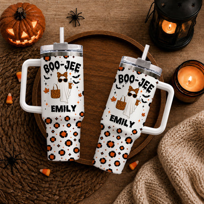 Personalized Halloween Tumbler with Handle - Custom Name Boo Jee Ghost Tumbler - Trendy Spooky Season Gift