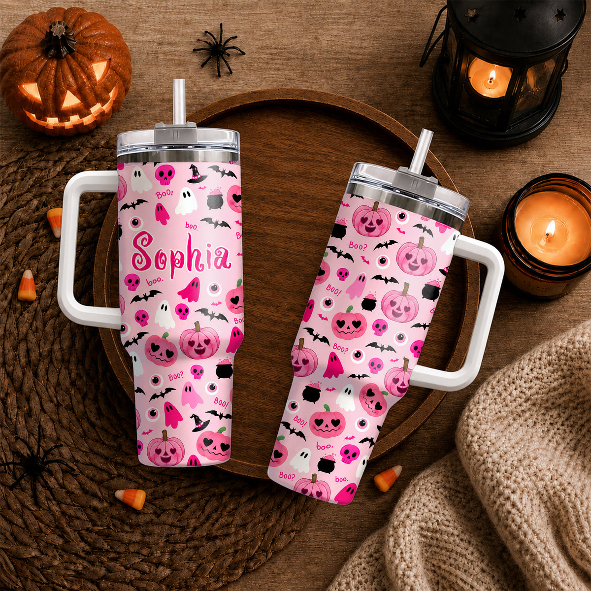 Personalized Halloween Tumbler, 40oz Travel Tumbler with Name, Vintage Spooky Pattern Gift Girls and Boys