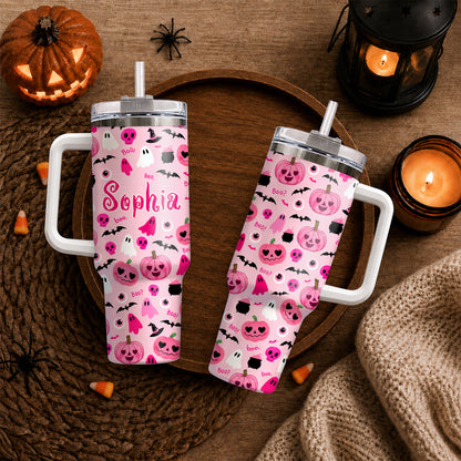 Personalized Halloween Tumbler, 40oz Travel Tumbler with Name, Vintage Spooky Pattern Gift Girls and Boys