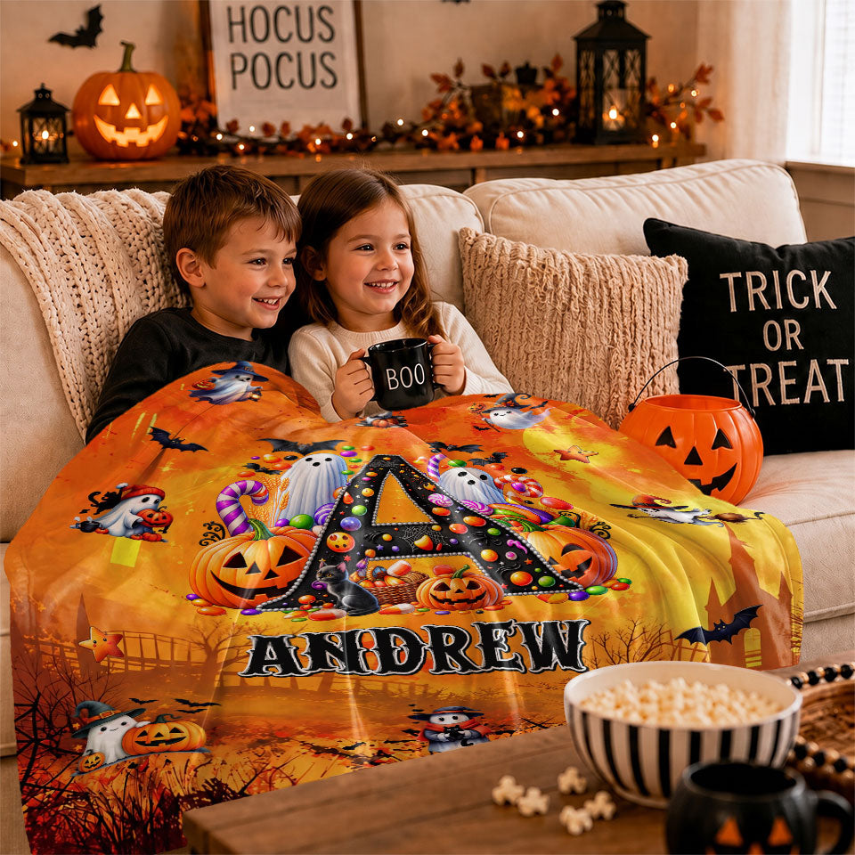 Personalized Halloween Blanket for Kids, Ghost Pumpkin Name Blanket, Fleece & Sherpa Blanket