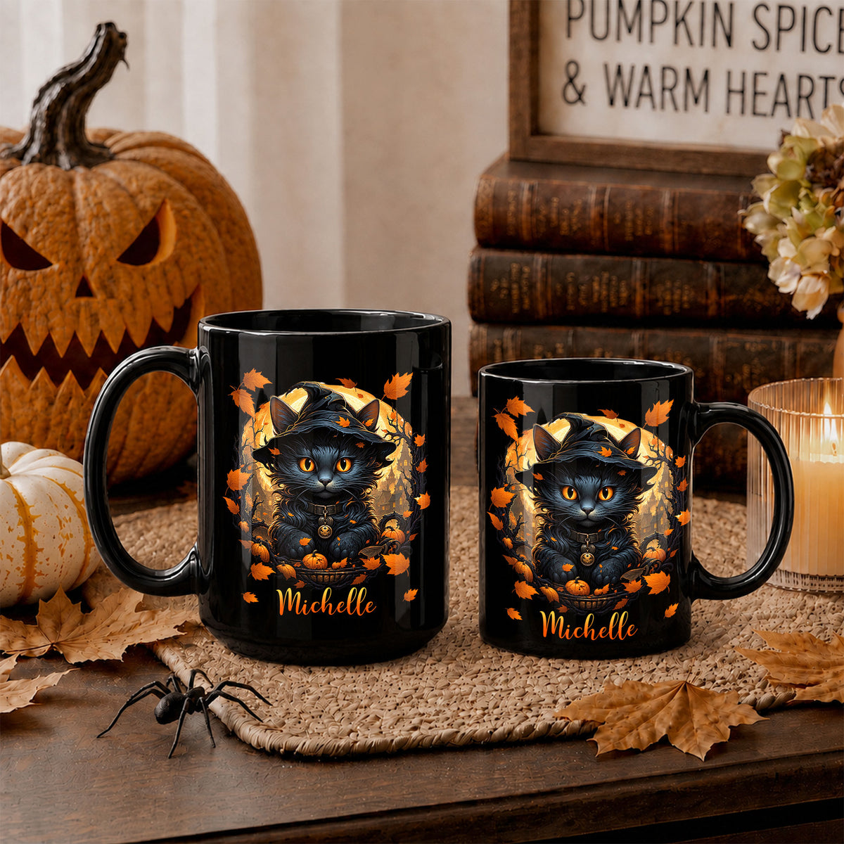 Personalized Halloween Cat Mug, Cute Black Cat Witch Hat Pumpkin Mug, Custom Name Fall Coffee Cup, Halloween Gift for Cat Lovers