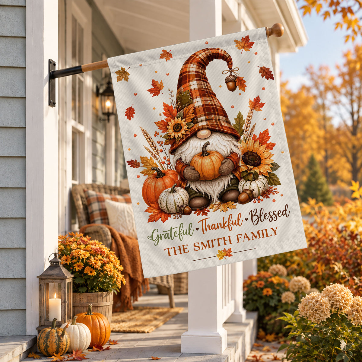 Personalized Thanksgiving Family Flag, Gnome Fall Garden Custom Family Name, Outdoor Decor Gift For Family