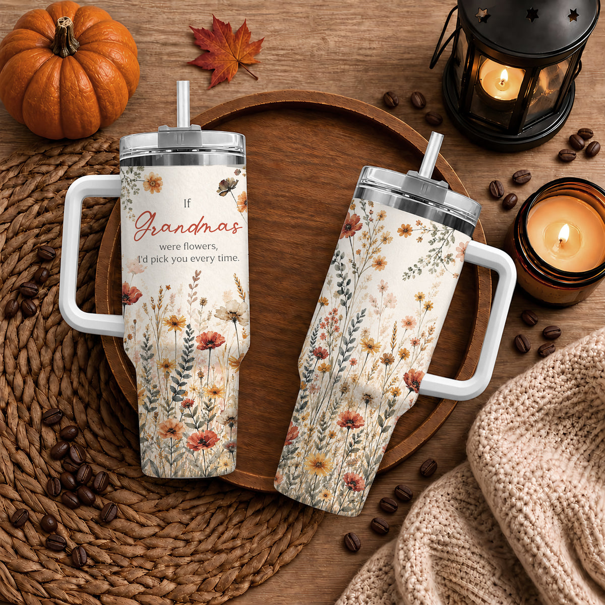 Personalized Thanksgiving Tumbler 40oz with Handle, Floral Fall Design, Gift For Grandma