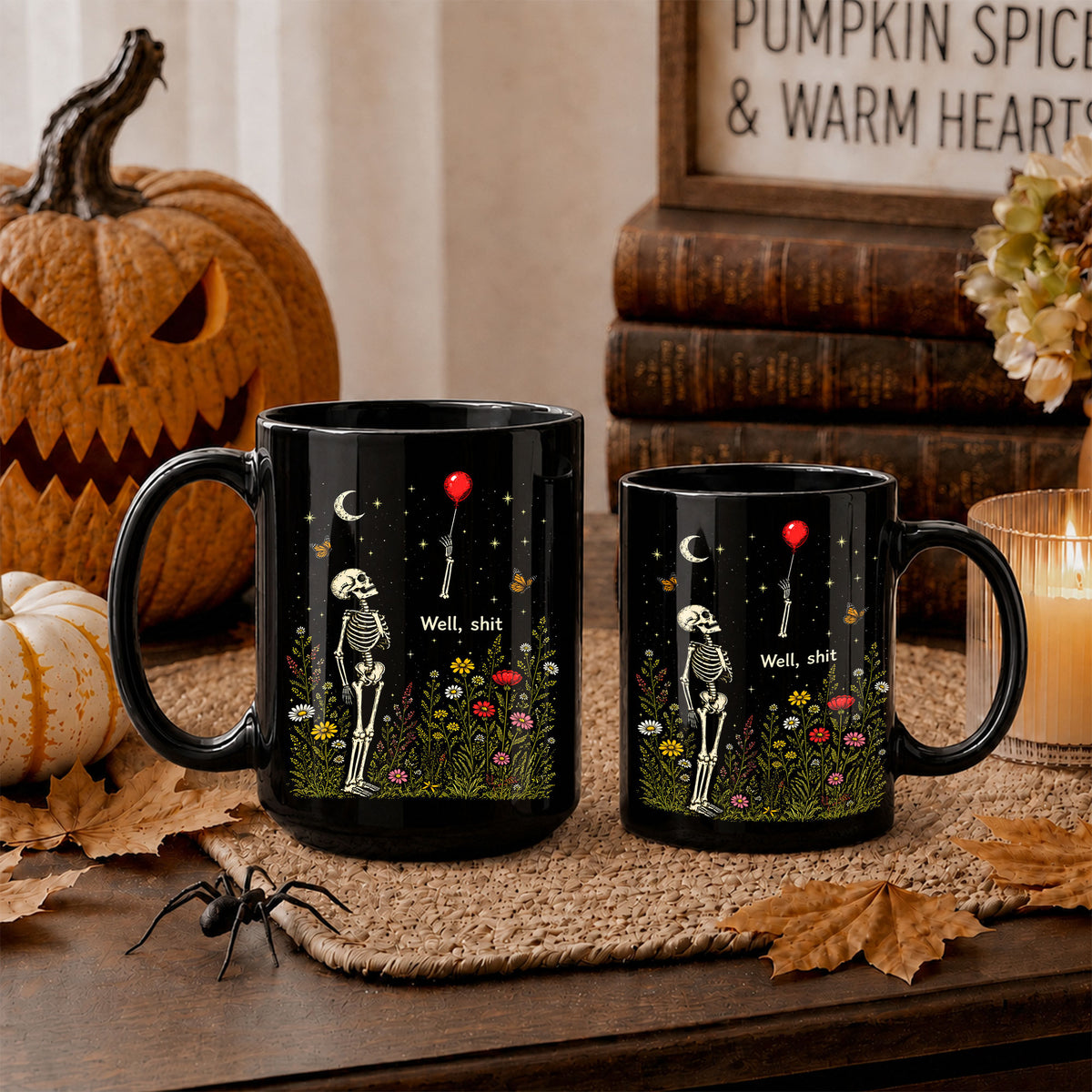 Skeleton Holding Red Balloon Halloween Mug, Funny Spooky Coffee Mug, Halloween Gift