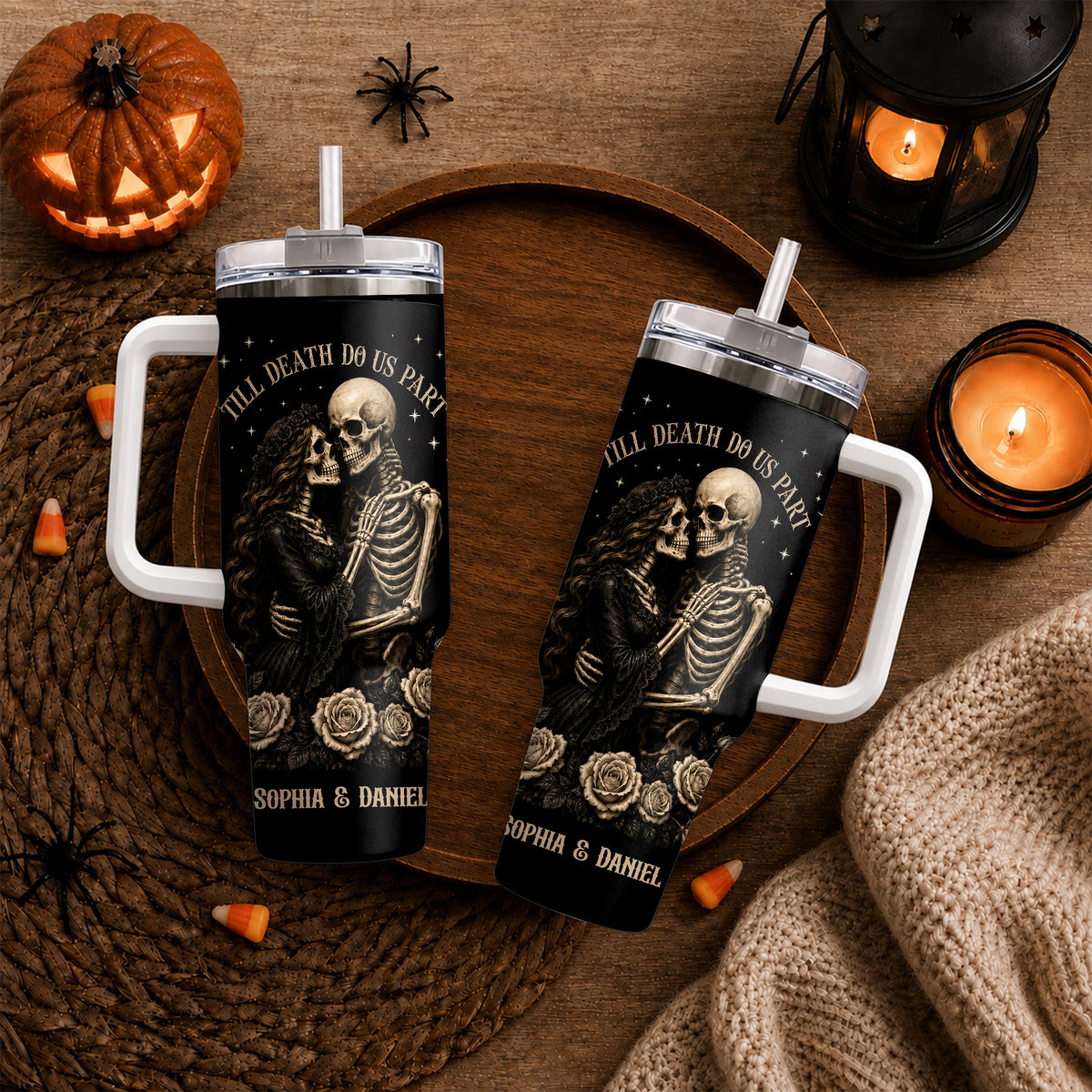 Personalized Skeleton Couple Halloween Tumbler 40oz, Gothic Skeleton with Roses, Halloween Gift for Couples