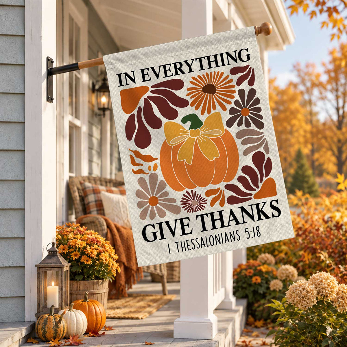 Give Thanks Fall Garden Flag, Rustic Cross Pumpkin Thanksgiving Yard Flag, Autumn Outdoor Decor