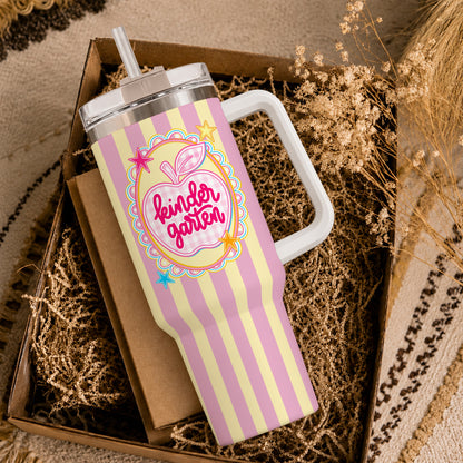 Personalized Teacher & Student Tumbler 40oz with Handle – Custom Name & Grade, Striped Apple School Tumbler for Preschool to 8th Grade