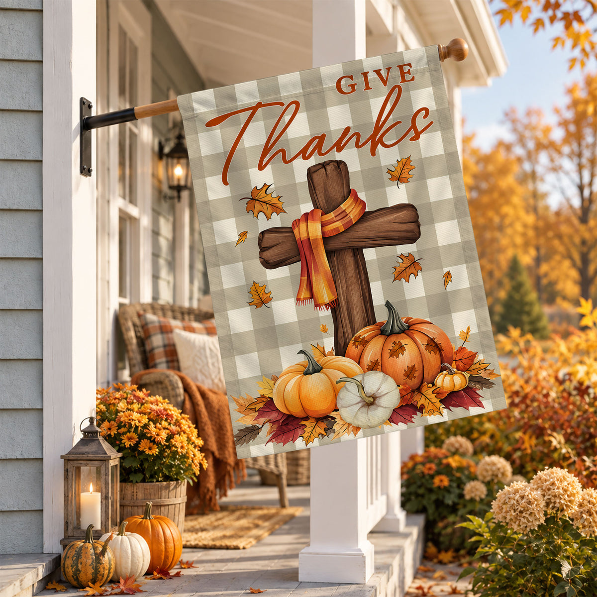 Give Thanks Fall Garden Flag, Rustic Cross Pumpkin Thanksgiving Yard Flag, Autumn Outdoor Decor
