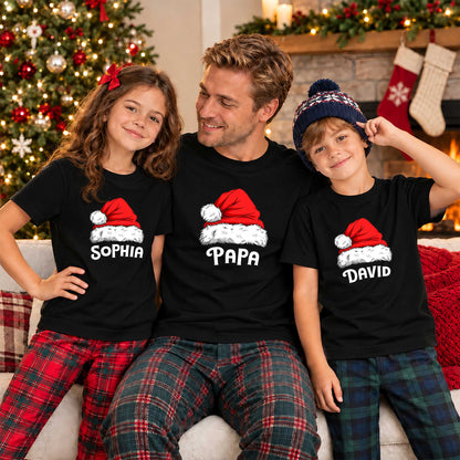 Personalized Family Christmas Shirts, Matching Santa Hat Tees, Custom Name Holiday Gift