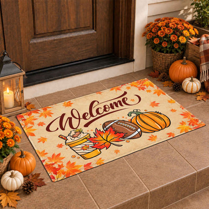 Fall Football Pumpkin Doormat, Welcome Autumn Leaves Door Mat, Thanksgiving Home Decor