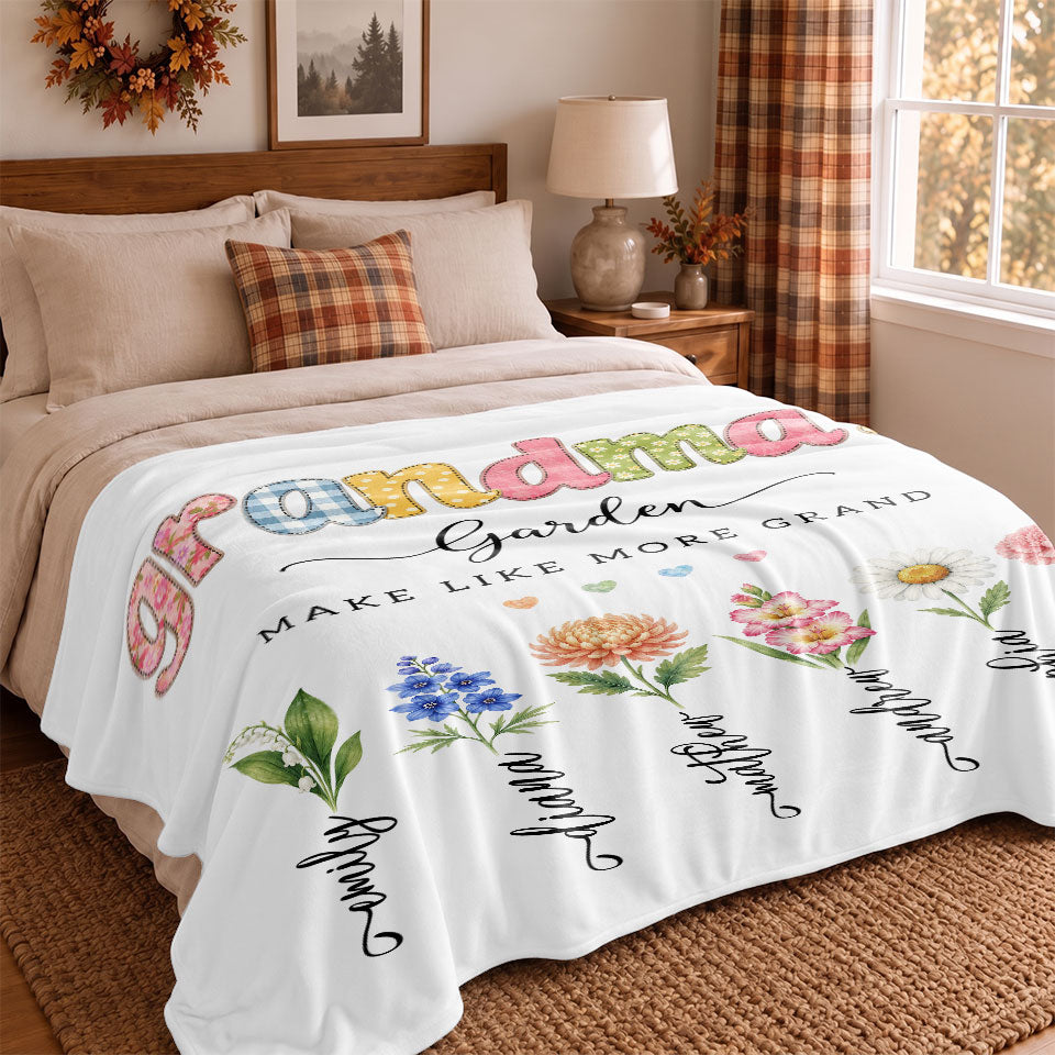 Personalized Grandma Thanksgiving Fleece & Sherpa Blanket, Family Garden Floral Custom Name Gift for Grandma