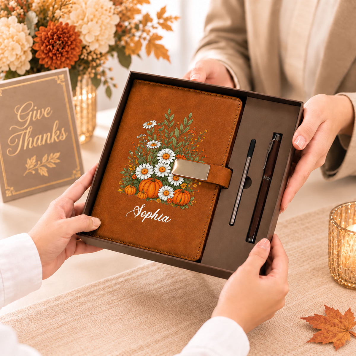 Personalized Notebook Thanksgiving Gift, Fall Floral Pumpkin Gift for Teacher, Student, Family, Friends