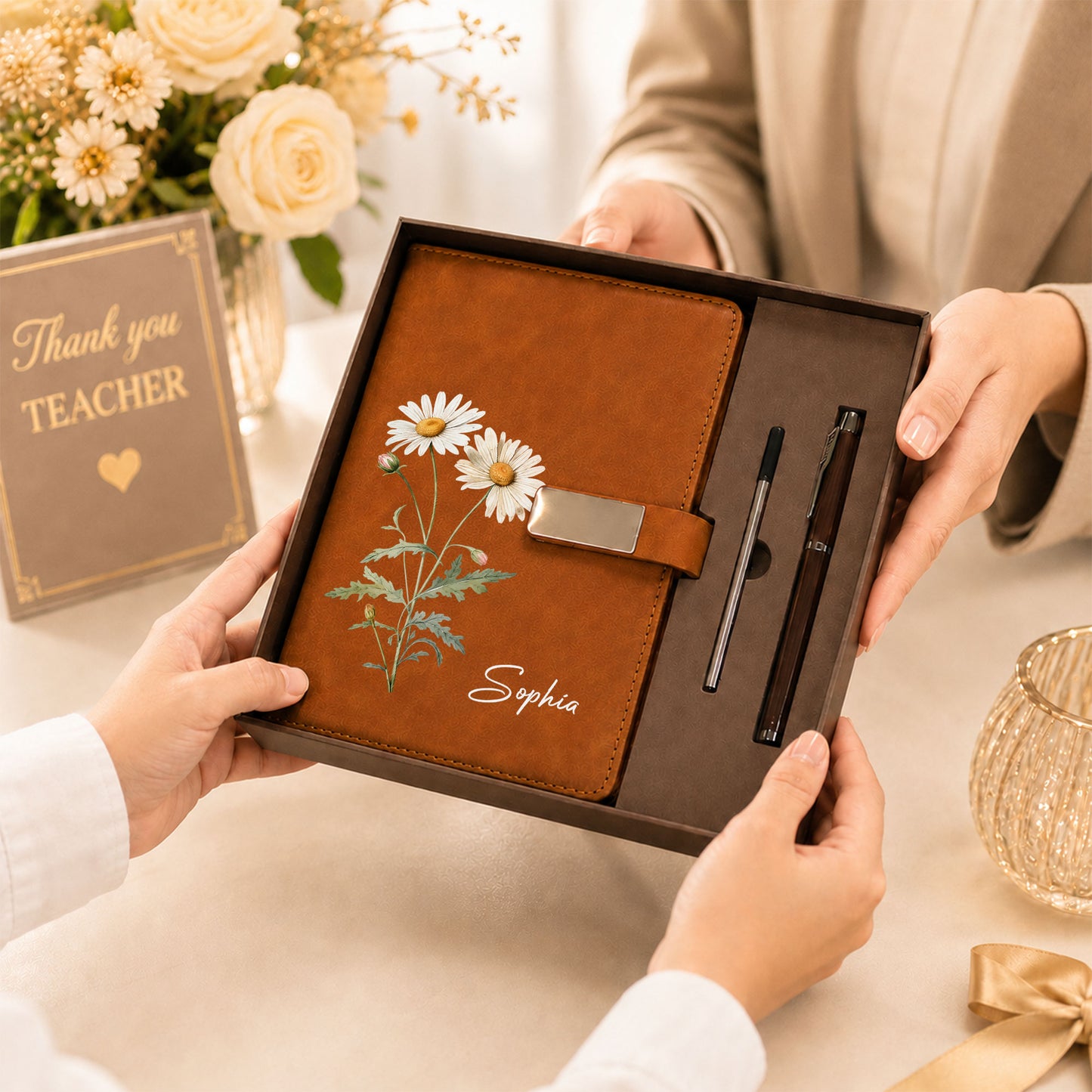 Personalized Leather Notebook Set with Custom Name, Floral Journal Gift Set with Pen for Women, Teacher, Student, Office