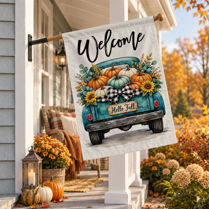 Hello Fall Garden Flag, Welcome Truck Happy Fall Ya'll Floral Pumpkin Outdoor Decor Gift For Family