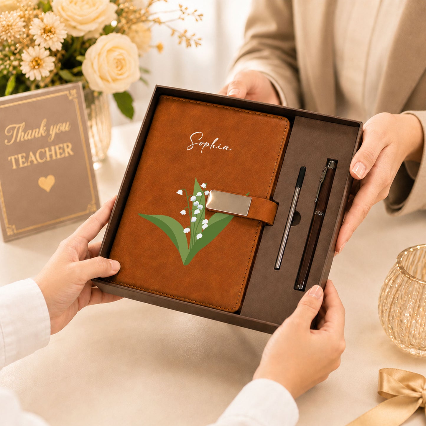 Personalized Leather Notebook Set with Custom Name, Floral Journal Gift Set with Pen for Women, Teacher, Student, Office