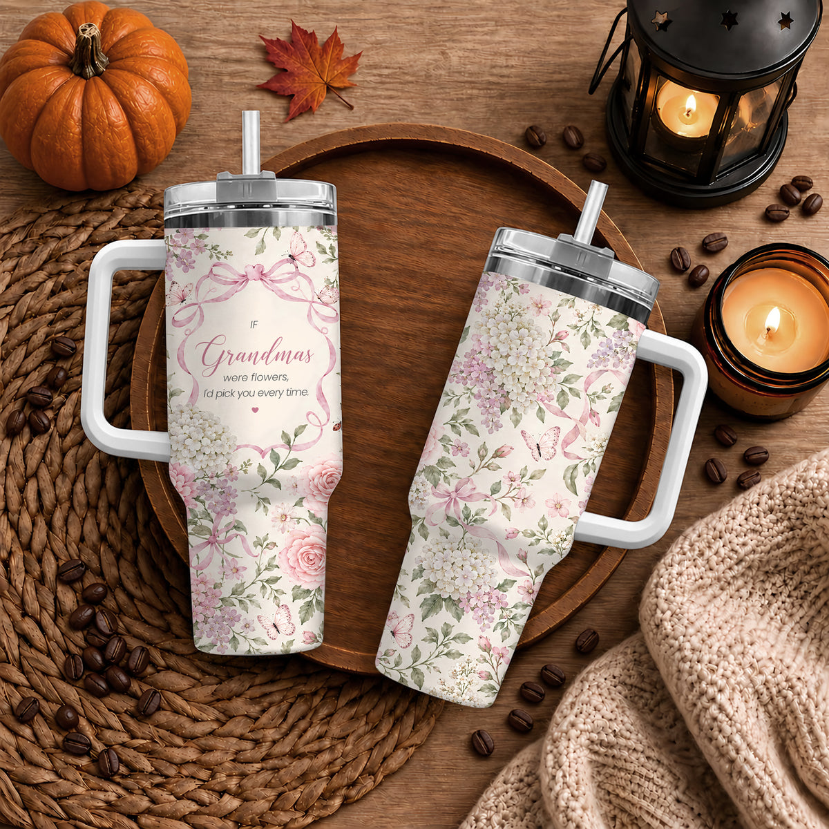 Personalized Thanksgiving Tumbler 40oz with Handle, Floral Fall Design, Gift For Grandma