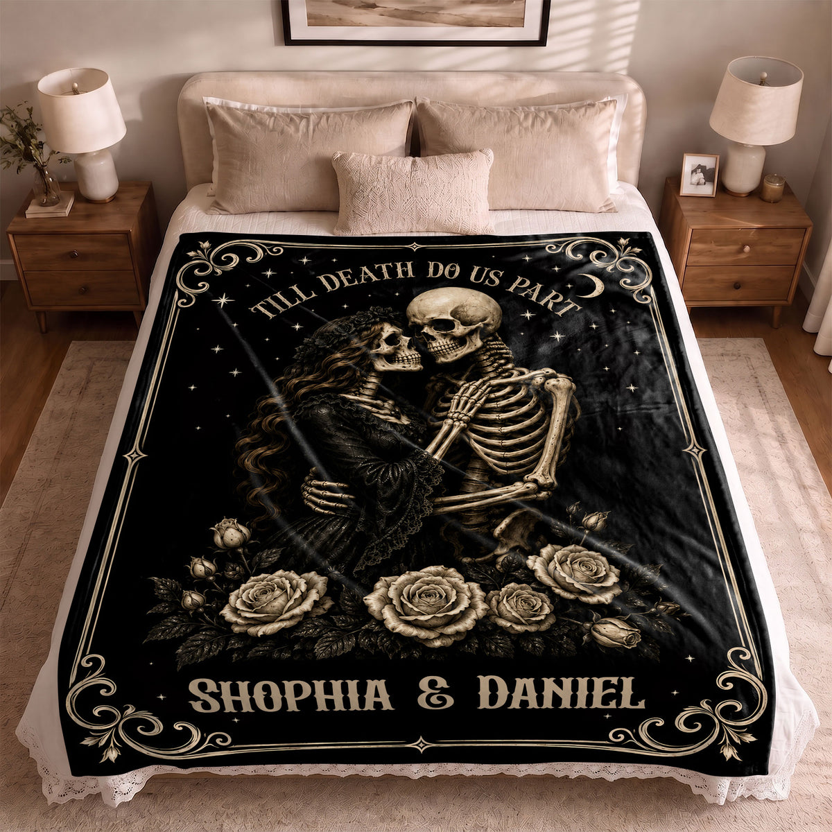 Personalized Skeleton Couple Fleece & Sherpa Blanket, Gothic Blanket with Roses, Halloween Gift for Couples