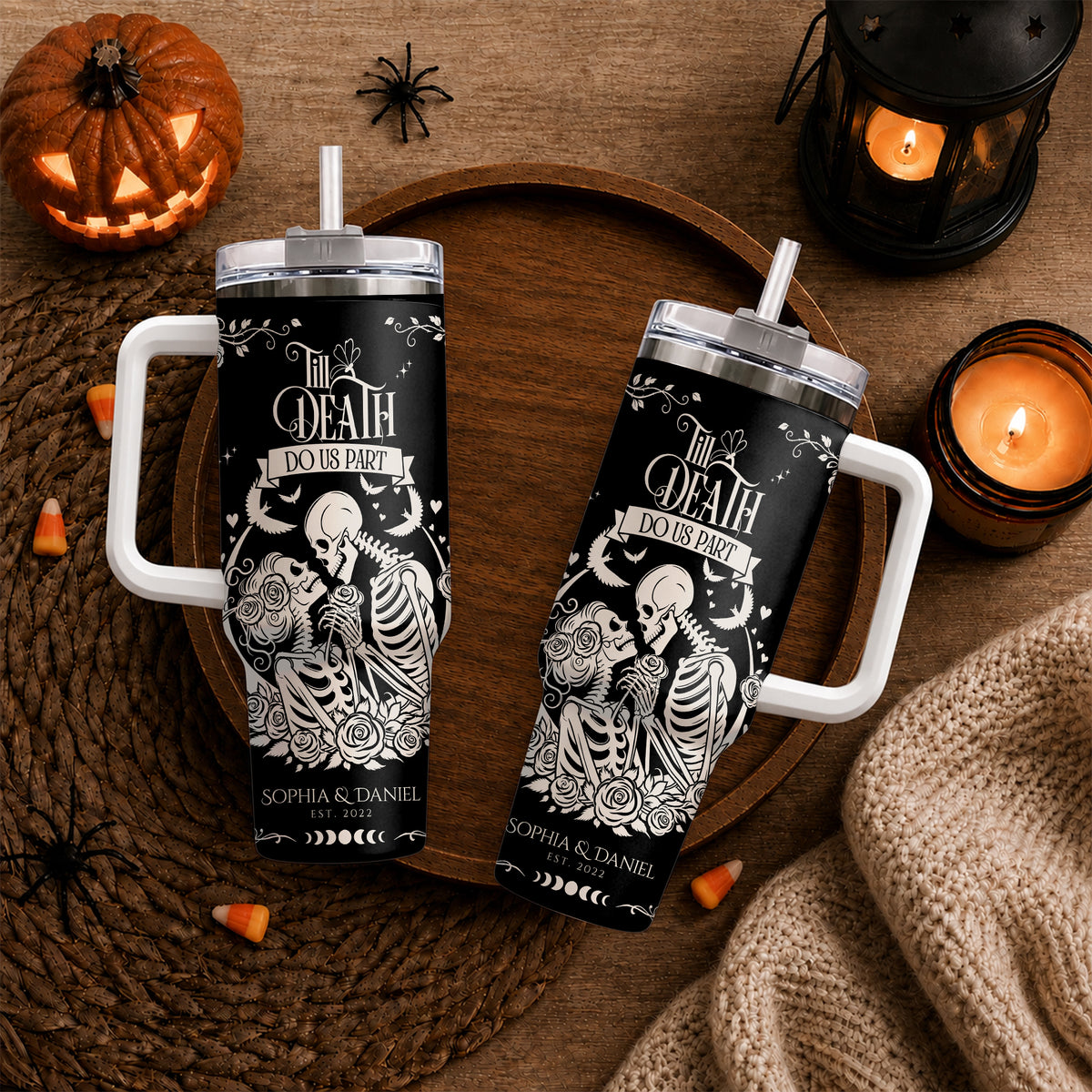 Personalized Skeleton Couple Halloween Tumbler 40oz, Gothic Skeleton with Roses, Halloween Gift for Couples
