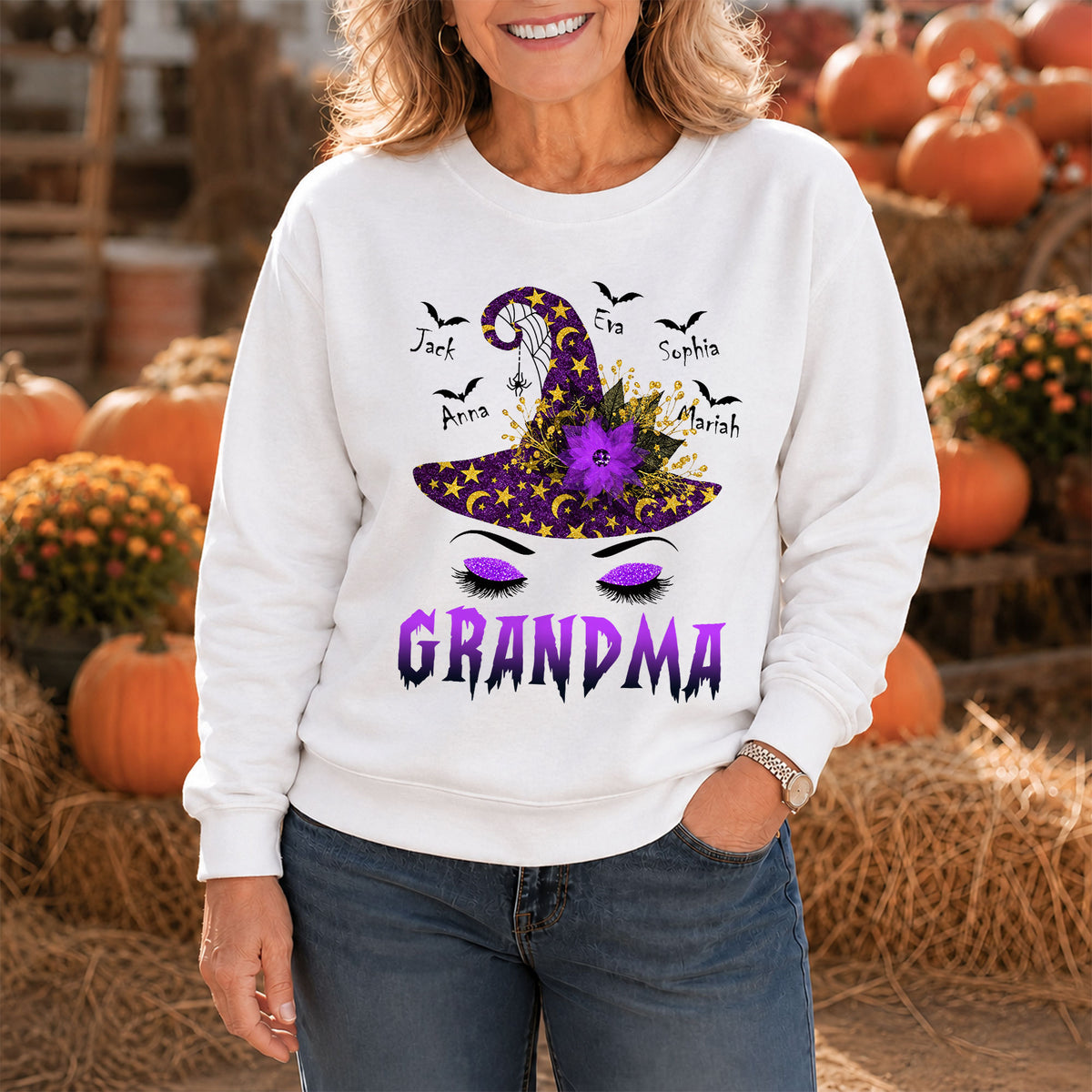 Personalized Grandma Witch Hat Sweatshirt, Custom Grandkids Names Halloween Shirt, Purple Witch Hat Family Gift