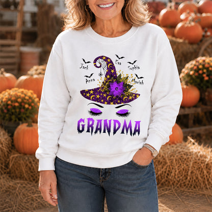 Personalized Grandma Witch Hat Sweatshirt, Custom Grandkids Names Halloween Shirt, Purple Witch Hat Family Gift