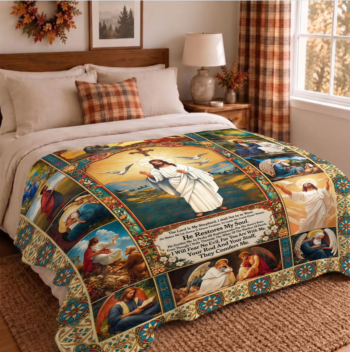 Thanksgiving Jesus Christian Fall Tree Blanket, Religious Fleece & Sherpa Throw, Faith Gift for Adults, Friends