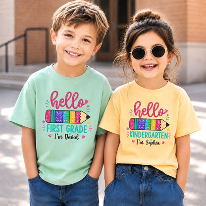 Personalized Hello School Shirt for Kids – Custom Name & Grade Back to School Tee for Pre-K to 8th Grade Students