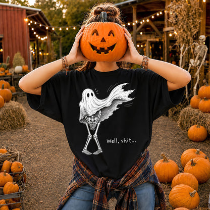 Skeleton Holding Red Balloon Graphic T-Shirt, Funny Halloween Inspired Skeleton Shirt, Spooky Season Casual Tee