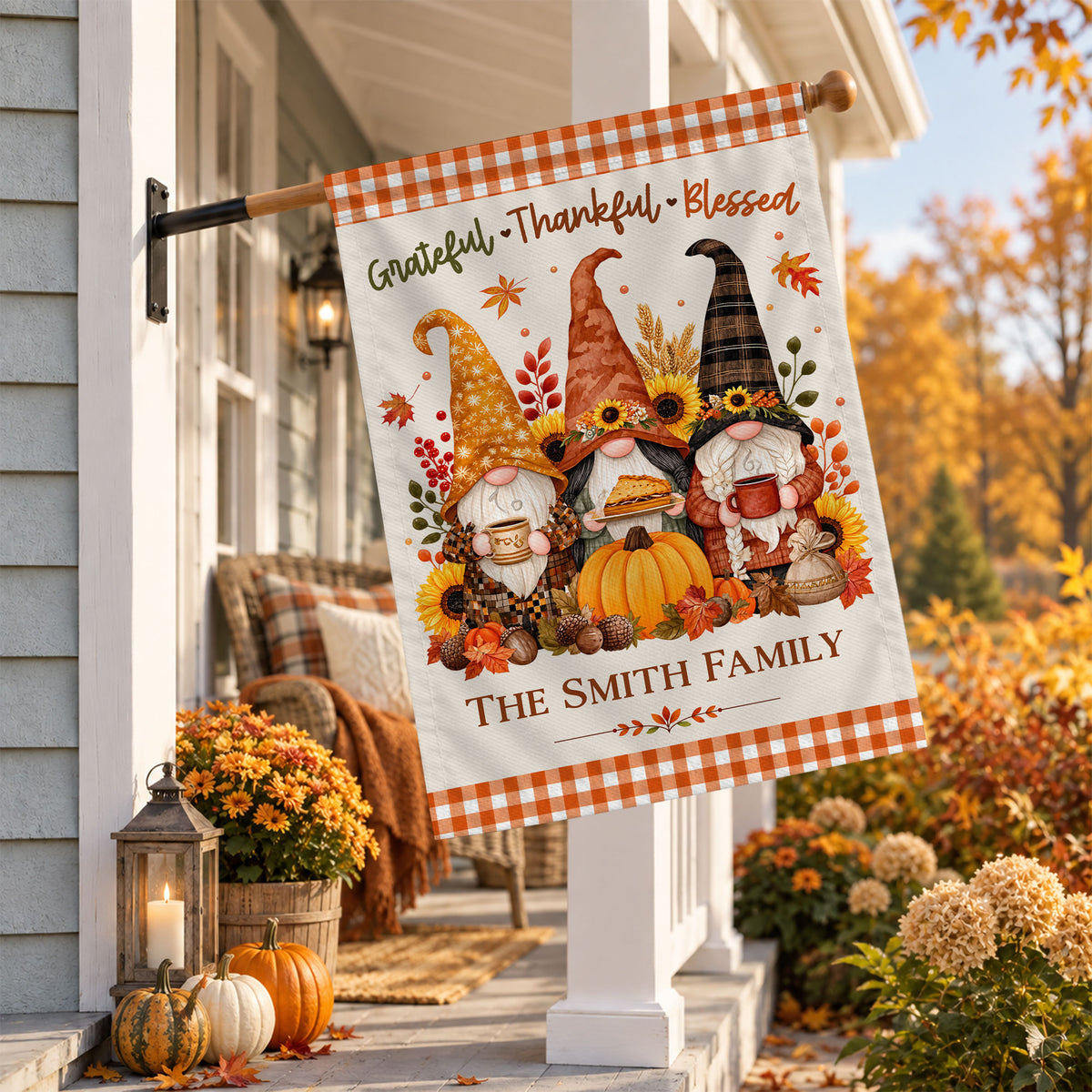 Personalized Thanksgiving Family Flag, Gnome Fall Garden Custom Family Name, Outdoor Decor Gift For Family