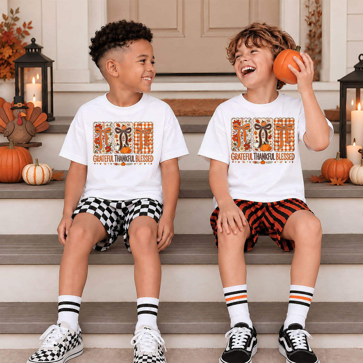 Girls Thanksgiving Shirt, Grateful Thankful Blessed Turkey Pumpkin Bow, Fall Gift for Kids & Women