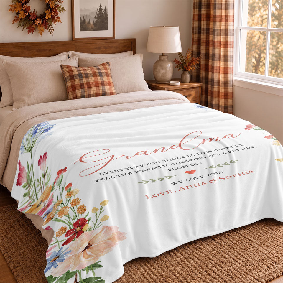 Personalized Grandma Thanksgiving Fleece or Sherpa Blanket, Floral Garden Family Custom Gift for Grandma