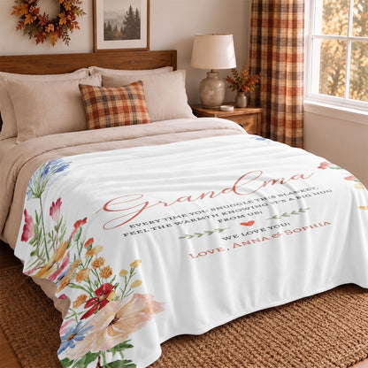 Personalized Grandma Thanksgiving Fleece or Sherpa Blanket, Floral Garden Family Custom Gift for Grandma