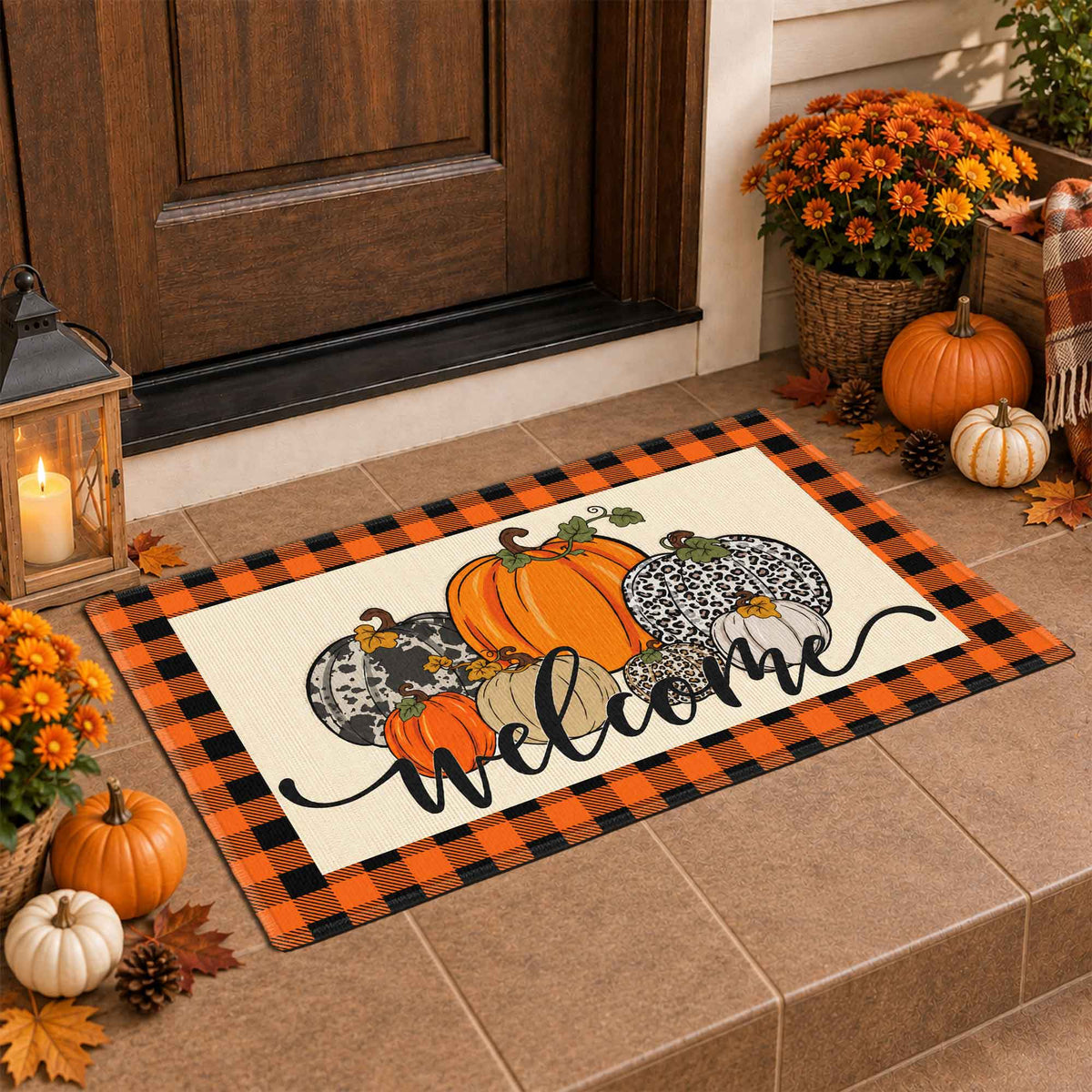 Fall Football Pumpkin Doormat, Welcome Autumn Leaves Door Mat, Thanksgiving Home Decor