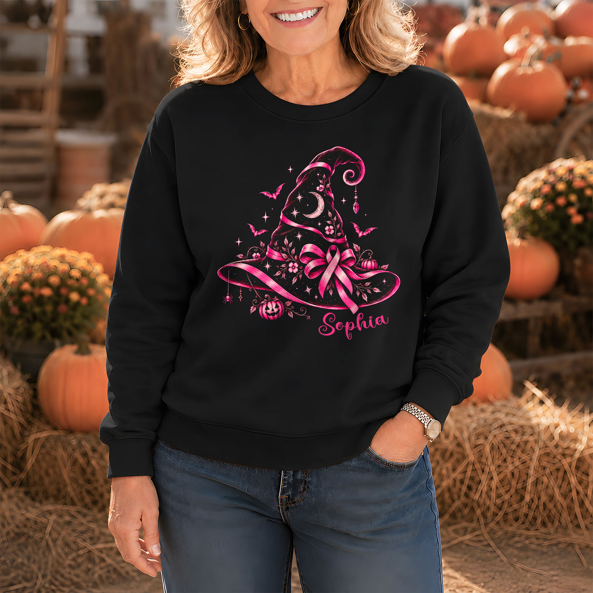 Personalized Halloween Breast Cancer Awareness Shirt for Women, Pink Ribbon Witch Hat Design, Custom Name Family Matching Tee