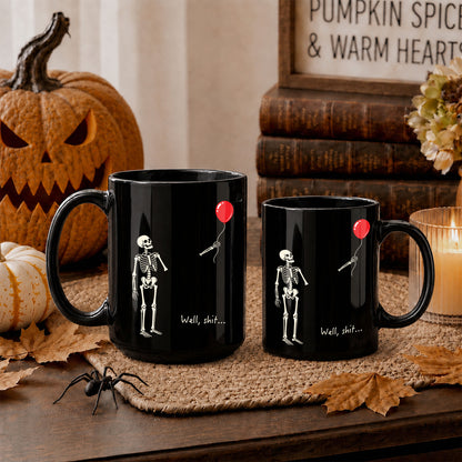 Skeleton Holding Red Balloon Halloween Mug, Funny Spooky Coffee Mug, Halloween Gift