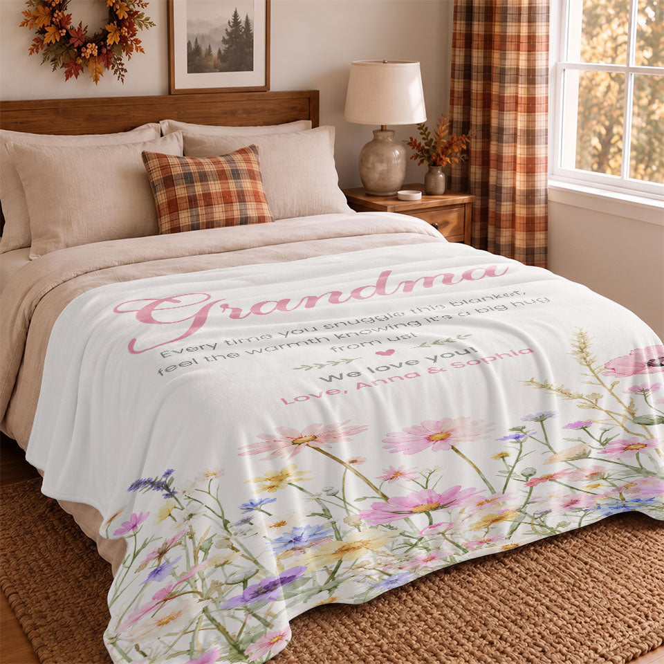 Personalized Grandma Thanksgiving Fleece or Sherpa Blanket, Floral Garden Family Custom Gift for Grandma
