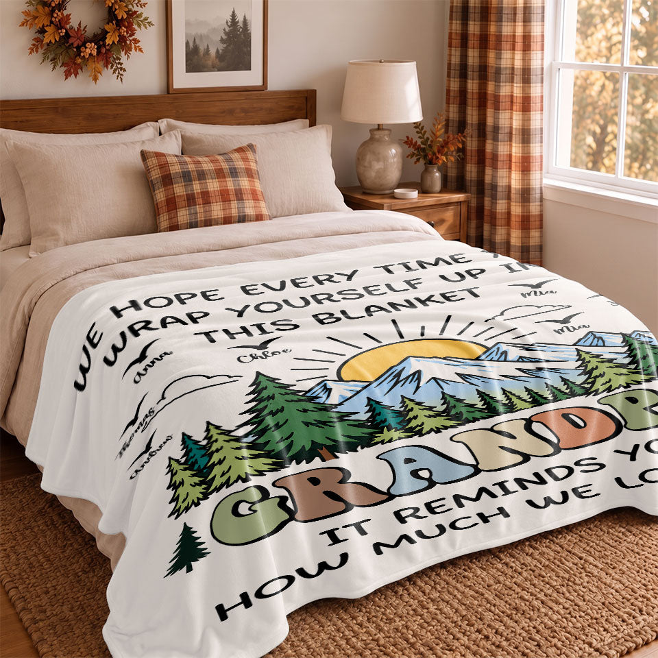 Personalized Grandpa Blanket Vintage Mountain Thanksgiving Gift for Grandpa from Grandkids, Family Gift