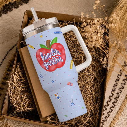 Personalized Teacher & Student Tumbler 40oz with Handle – Custom Name & Grade, Striped Apple School Tumbler for Preschool to 8th Grade