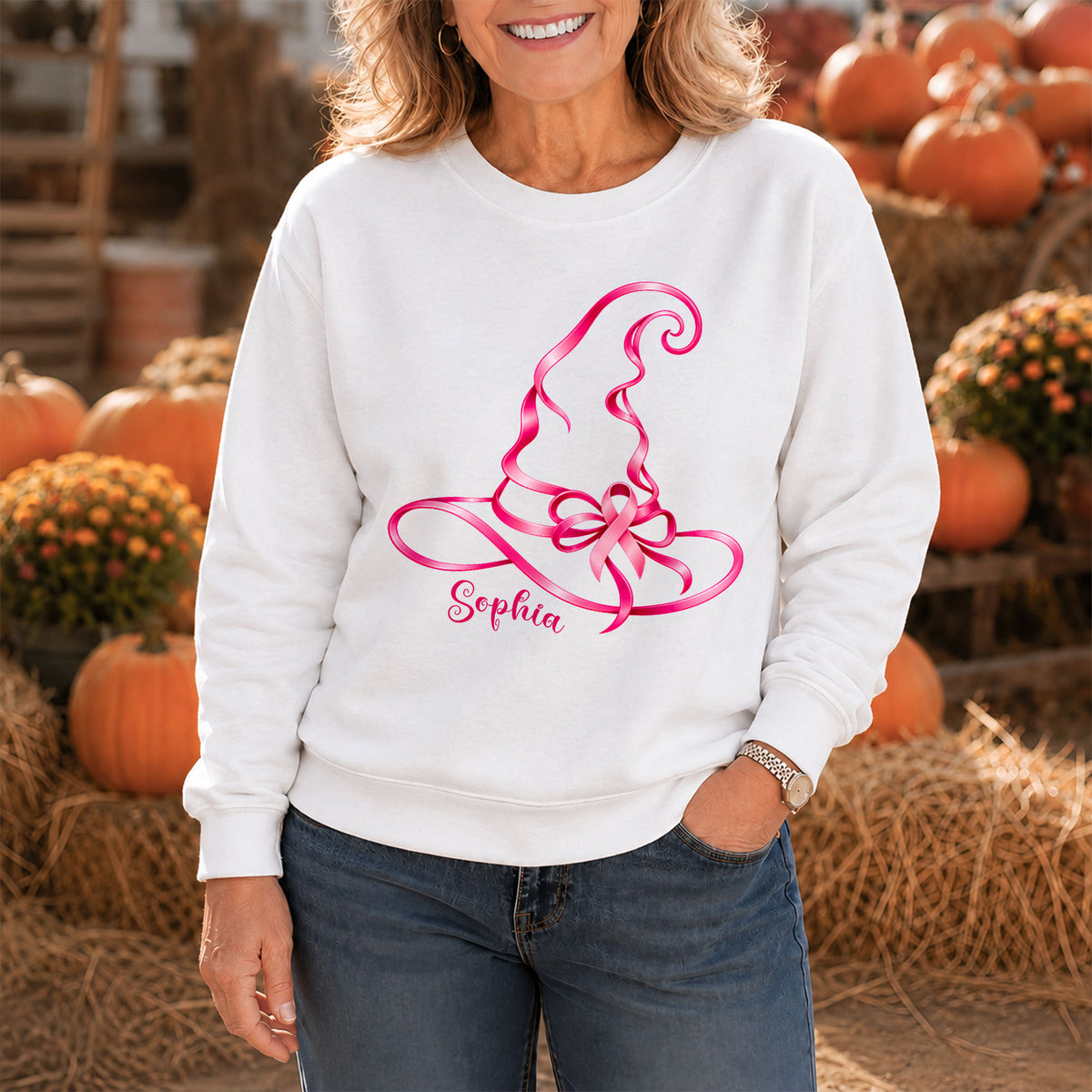 Personalized Halloween Breast Cancer Awareness T-Shirt & Sweater for Women, Pink Ribbon Witch Hat Design, Custom Name Family Matching Tee