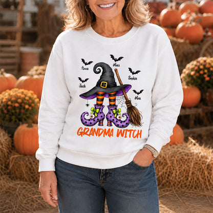 Personalized Grandma Witch Hat Sweatshirt, Custom Grandkids Names Halloween Shirt, Family Gift