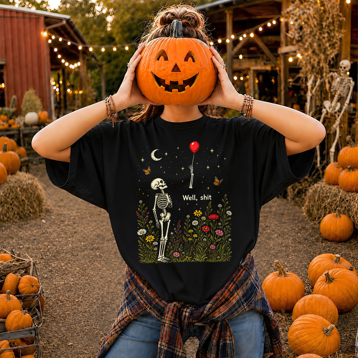 Skeleton Holding Red Balloon Graphic T-Shirt, Funny Halloween Inspired Skeleton Shirt, Spooky Season Casual Tee