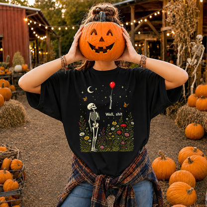 Skeleton Holding Red Balloon Graphic T-Shirt, Funny Halloween Inspired Skeleton Shirt, Spooky Season Casual Tee