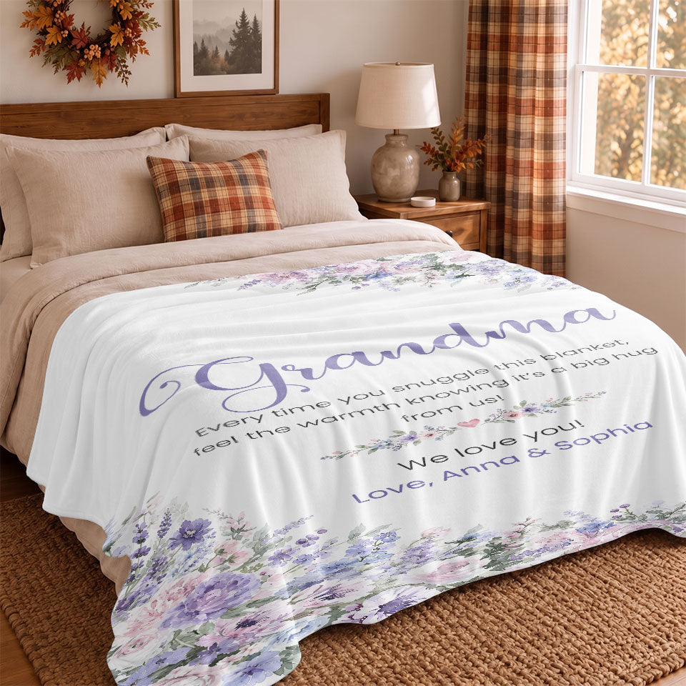 Personalized Grandma Thanksgiving Fleece or Sherpa Blanket, Floral Garden Family Custom Gift for Grandma