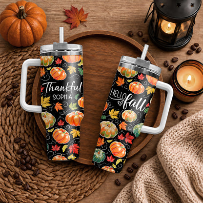 Personalized Thanksgiving Tumbler 40oz, Turkey Fall Leaves Gnome, Hello Fall Custom Name Gift For Adult & Friends