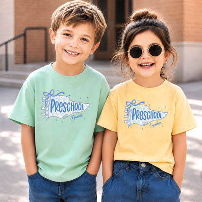 Personalized Back to School Shirt – Custom Name & Grade Preppy Striped Pennant Flag Color Tee for Teachers & Students, Pre-K to 8th Grade Outfit