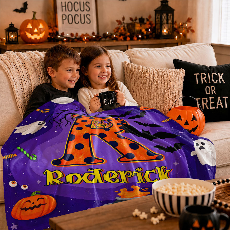 Personalized Halloween Blanket for Kids, Ghost Pumpkin Name Blanket, Fleece & Sherpa Blanket
