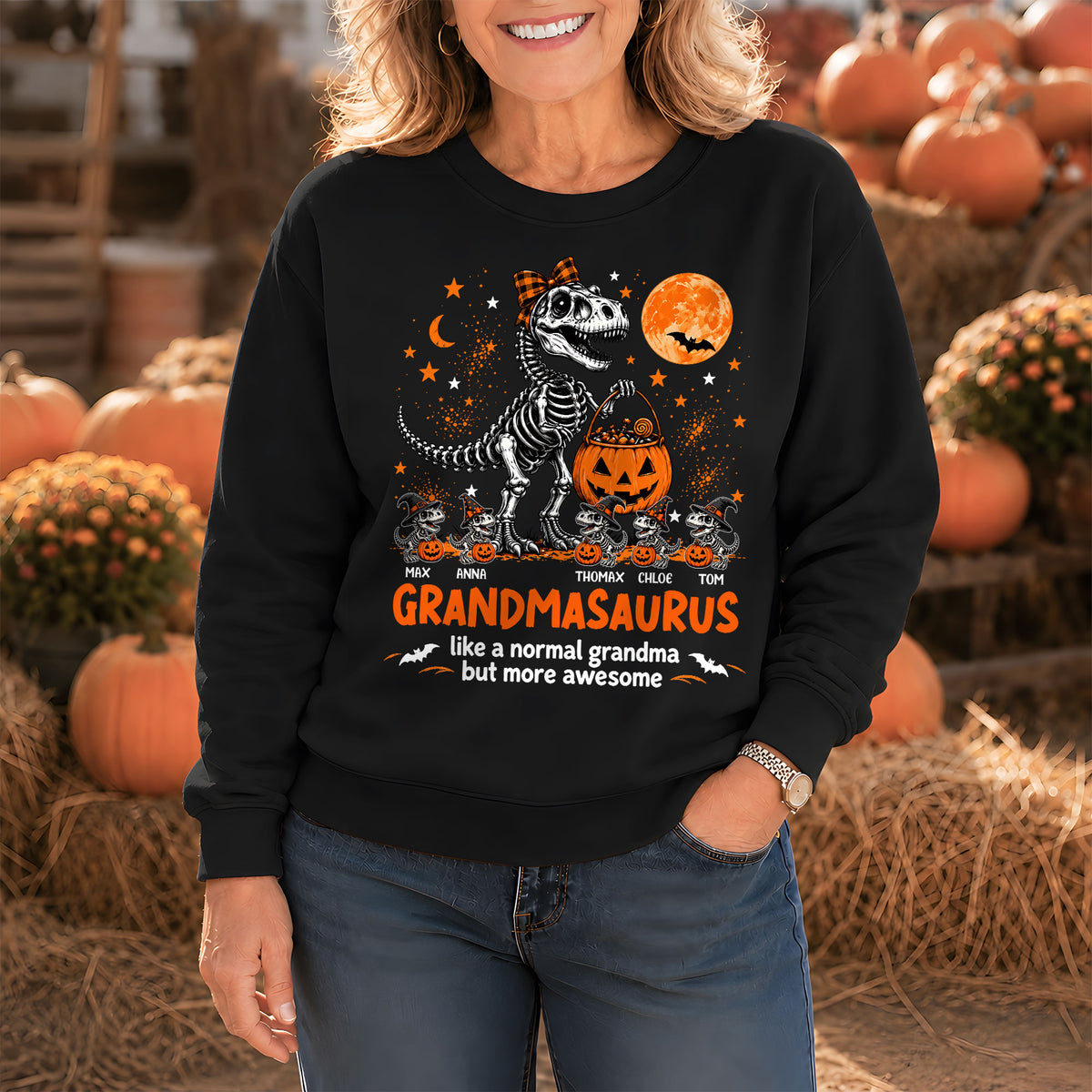 Personalized Grandmasaurus Halloween T-Shirt, Custom Grandkids Names Dinosaur Family Shirt, Spooky Pumpkin Grandma Tee